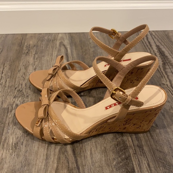 Prada Patent Leather Nude Sandals Wedges Shoes - Picture 5 of 15